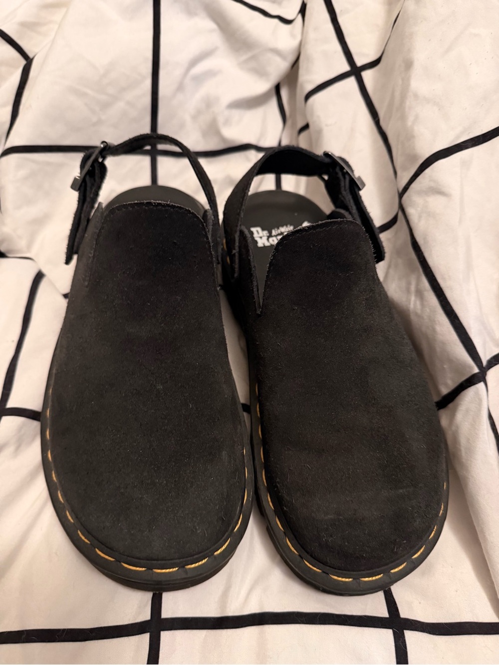 Dr. Martens Men’s Black Suede Slingback Clogs with Yellow Welt Stitching